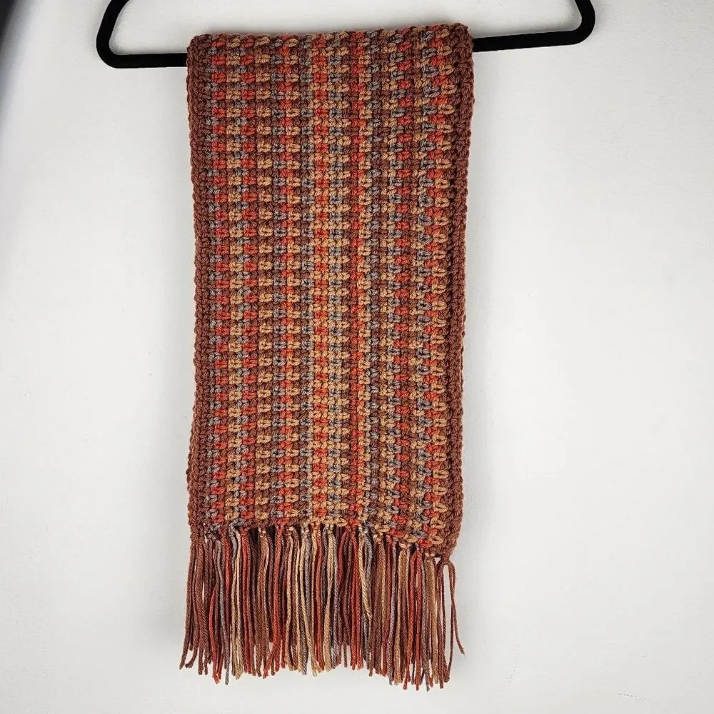 New Handmade Crochet Scarf Fringe Orange Brown Earth Tones Boho Wrap
